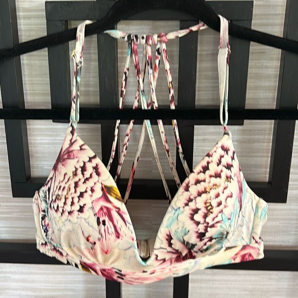 Athleta cream purple floral bikini top swimwear top size XS